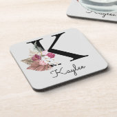 Dessous-de-verre Monogramme Rose Boho Girly Floral Initiale K (Côté gauche)
