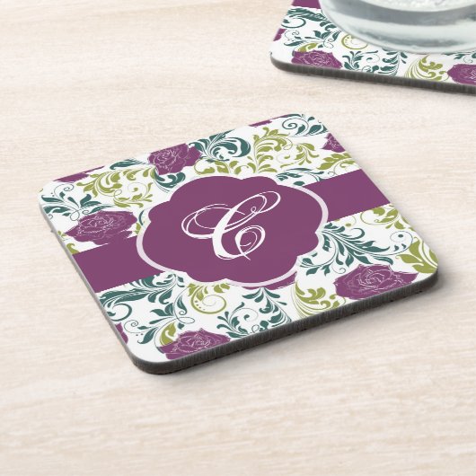 Dessous-de-verre Monogramme Rose de style rétro violet et blanc (Côté gauche)