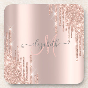 Dessous-de-verre Monogramme Rose Gold à Gouttes Brillantes Modernes