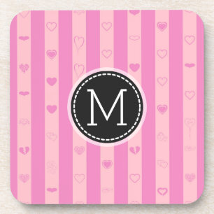 Dessous-de-verre Monogramme rose violet rayures Motif cardiaque mod