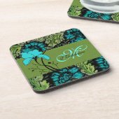 Dessous-de-verre Monogramme Vert Floral rétro et bleu turquoise (Côté gauche)