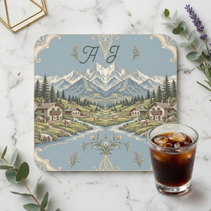 Dessous-de-verre Monogrammes de forêt alpine enneigée de montagnes