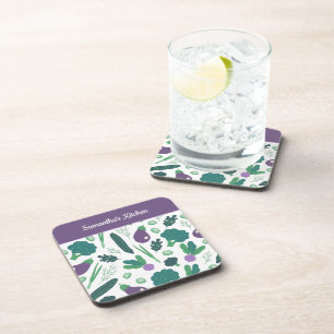 Dessous-de-verre Motif d'aubergine et de brocoli avec nom Purple