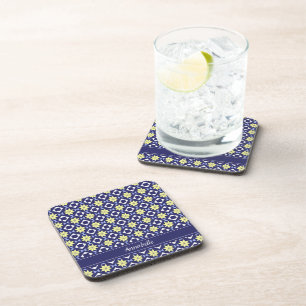 Dessous-de-verre Motif de carreau floral jaune bleu méditerranéen