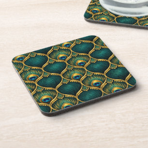 Dessous-de-verre Motif élégant de plume de paon en émeraude et or