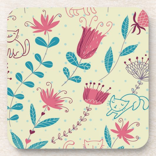 Dessous-de-verre Motif floral avec des chats de bande dessinée (Devant)
