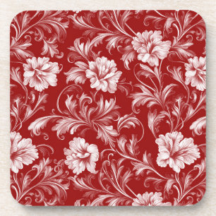 Dessous-de-verre Motif floral baroque monochromatique, blanc sur ro
