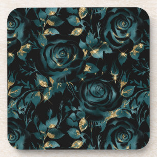 Dessous-de-verre Motif floral de rose sarcelle et or élégant