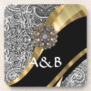 Dessous-de-verre Motif floral noir et blanc de damassé