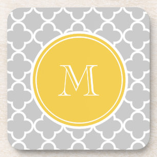 Dessous-de-verre Motif gris de Quatrefoil, monogramme jaune
