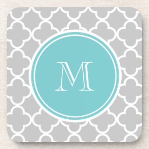 Dessous-de-verre Motif gris de Quatrefoil, monogramme turquoise