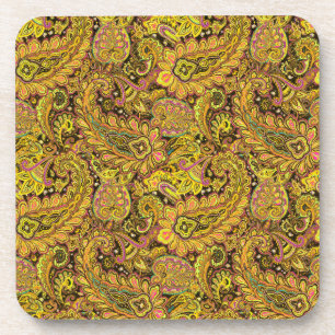 Dessous-de-verre Motif Paisley en jaune, marron sur fond noir