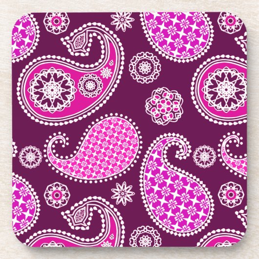 Dessous-de-verre Motif Paisley, rose fuchsia, violet et blanc (Devant)