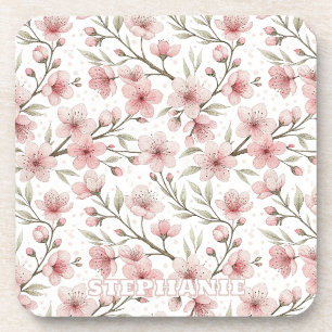Dessous-de-verre Motif Sakura en fleurs de cerises roses sur blanc