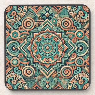 Dessous-de-verre Motif sarcelle et terracotta inspiré des Aztèques