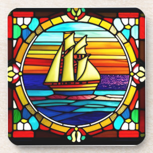 Dessous-de-verre Navire à voile en vitrail au coucher du soleil