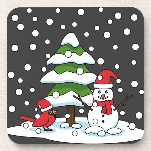 Dessous-de-verre Neige tombant sur Cardinal, Snowman et Pine Tree (Devant)