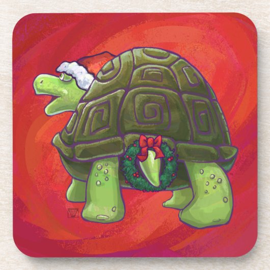 Dessous-de-verre Noël Tortue Sur Rouge (Devant)