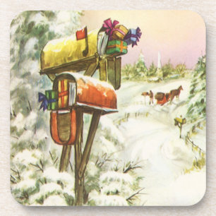 Dessous-de-verre Noël vintage, boîtes aux lettres dans un paysage h