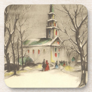 Dessous-de-verre Noël vintage, église dans un paysage enneigé hiver