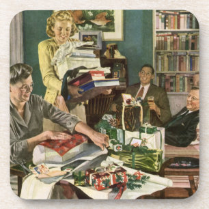 Dessous-de-verre Noël Vintage, Famille Heureuse Emballant des Cadea
