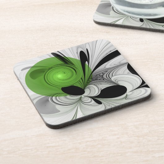 Dessous-de-verre Noir Abstrait et blanc avec art fractal vert (Côté gauche)