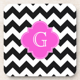 Dessous-de-verre Noir Blanc Chevron Hot rose Quatrefoil Monogramme