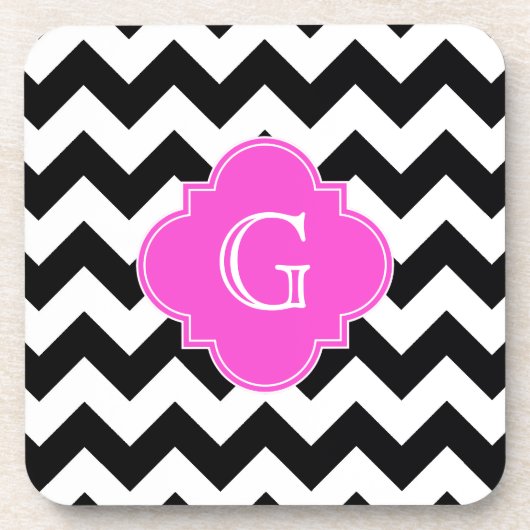 Dessous-de-verre Noir Blanc Chevron Hot rose Quatrefoil Monogramme (Devant)