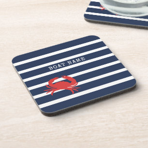 Dessous-de-verre Nom de bateau crabe rouge rayures bleu marine naut