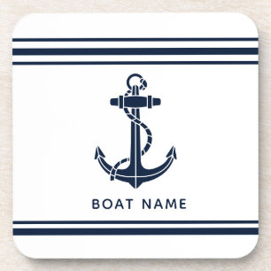 Dessous-de-verre Nom de bateau personnalisé ancre bleue marine naut