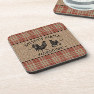 Dessous-de-verre Nom de famille Farmhouse Vintage Red Plaid Burlap