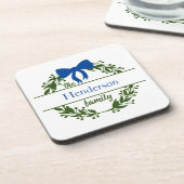 Dessous-de-verre Nom de famille Monogramme Couronne verte Ruban ble (Côté gauche)