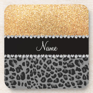 Dessous-de-verre Nom parties scintillant jaune pastel léopard noir