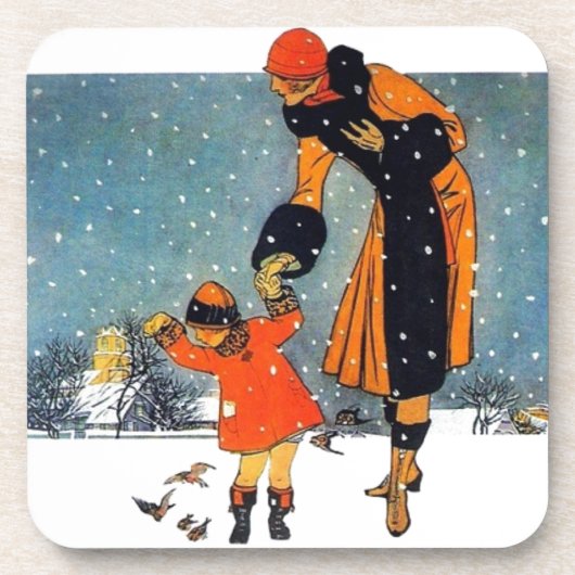 Dessous-de-verre Nourrir les oiseaux dans la neige (Devant)