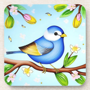 Dessous-de-verre Oiseau bleu coloré perché sur une branche florissa