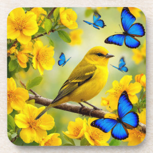Dessous-de-verre Oiseau chanteur jaune vif perché sur une branche