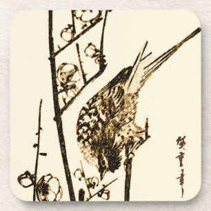 Dessous-de-verre Oiseau japonais sur une branche - Brown et beige