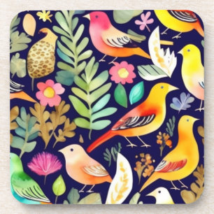 Dessous-de-verre Oiseaux colorés motifs floraux décor bleu