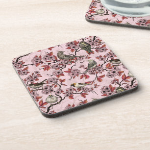 Dessous-de-verre Oiseaux et fleurs de cerisier sur fond rose saumon