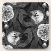 Dessous-de-verre Oiseaux et fleurs de pivoines monochromes, gris (Devant)