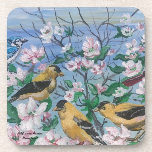Dessous-de-verre Oiseaux fleurs de finch jaune Main peint Original (Devant)