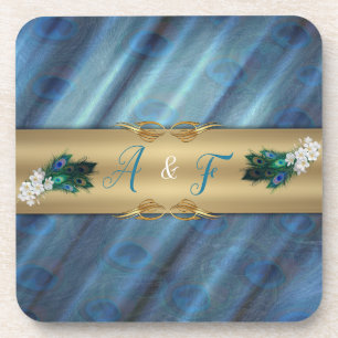 Dessous-de-verre Or, plumes de paon sur soie vert émeraude