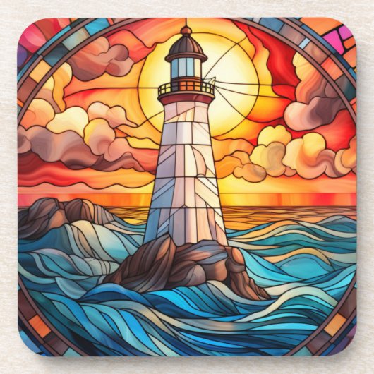 Dessous-de-verre Orange Sunset Lighthouse Vitrail (Devant)