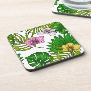 Dessous-de-verre Orchids and palm leaves, pink, yellow, green and w