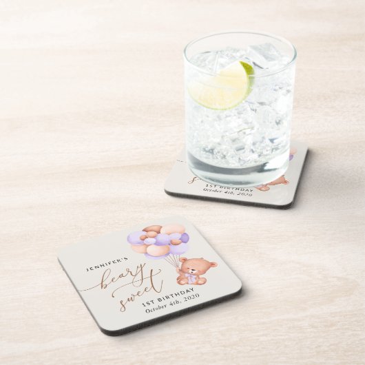 Dessous-de-verre Ours De Bébé, Ballons Violets, Premier Anniversair (Côté Droit)