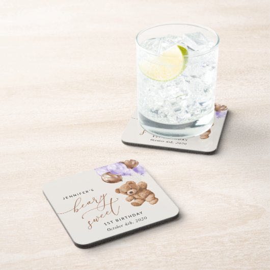 Dessous-de-verre Ours En Jeu, Ballons Violets, Premier Anniversaire (Côté Droit)