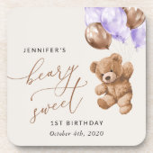 Dessous-de-verre Ours En Jeu, Ballons Violets, Premier Anniversaire (Devant)