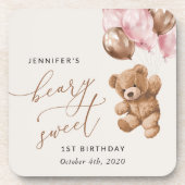 Dessous-de-verre Ours En Joue, Ballons Roses, Premier Anniversaire (Devant)