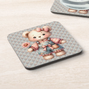 Dessous-de-verre Ours en peluche pastel tenant une fleur et portant