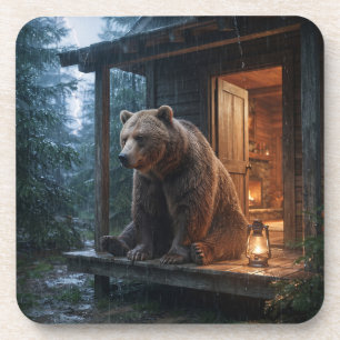 Dessous-de-verre Ours Grizzly Assis sur le Porche d'une Cabane Cosy